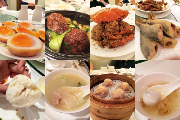 (clockwise starting from top left) smoked egg, braised beef ball, glutinous rice with crab, fried fish, chinese steamed bun, dumpling in soup, shanghainese soup dumpling, rice flour dessert ball in sweet soup